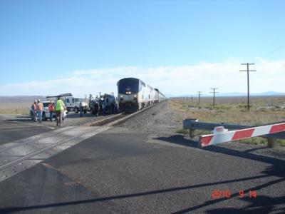 A train and semi-truck nearly collided this morning 28 miles north of Fallon. Photo provided by NHP.