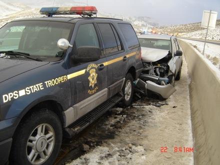 An accident this morning sent a Nevada Highway Patrol trooper to the hospital. Photo courtesy of NHP