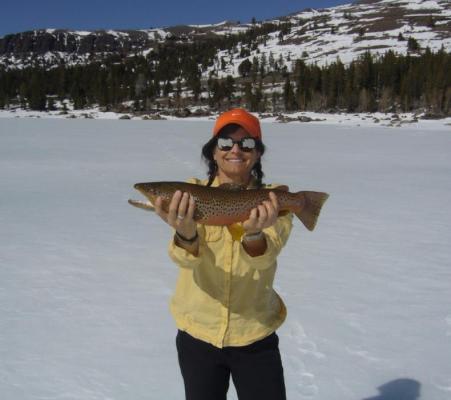 Mary Carnell of Jackson, Calif. with her Brown Trout caught ice fishing at Caples Lake. Courtesy of the Caples Lake Resort