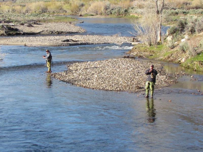 Two fishermen in the West Walker River as seen from the bridge on Topaz Lane near Topaz Lake. Photo by Elaine Quilici