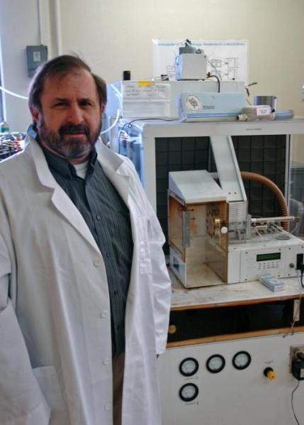 Chris Pritsos with a smoke generator in one of his labs where he studies second hand-smoke. Photo by Mike Wolterbeek