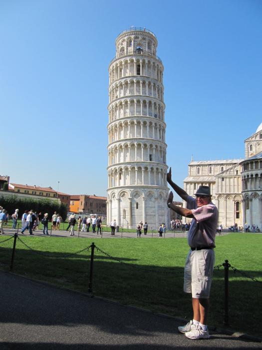 Don Quilici of Carson City pretending that he is pushing the Leaning Tower in Pisa, Italy. Photo by Elaine Quilici