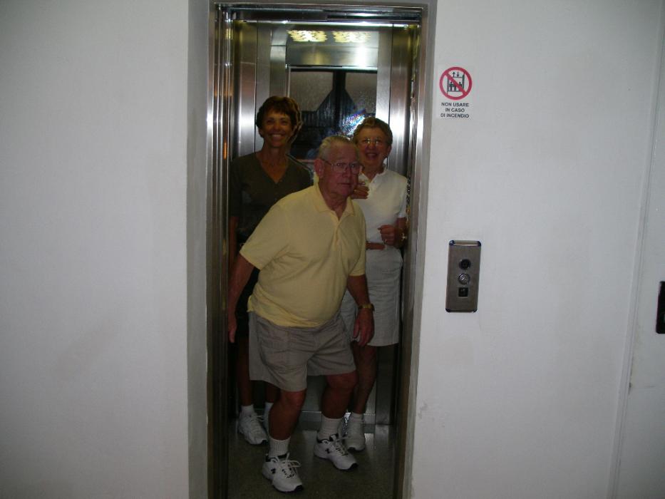Elaine Quilici of Carson City and Bob and Lorraine Scholes of Dayton exit an elevator.