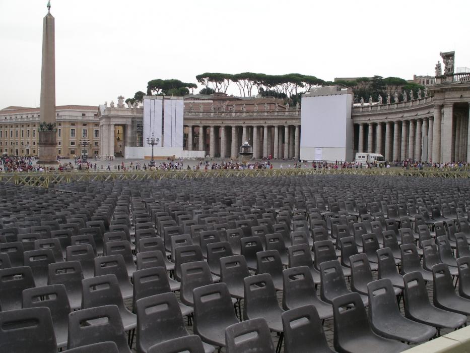 Some of the many hundreds of chairs that were set up for an upcoming appearance by the Pope at the Vatican. Photo by Don Quilici