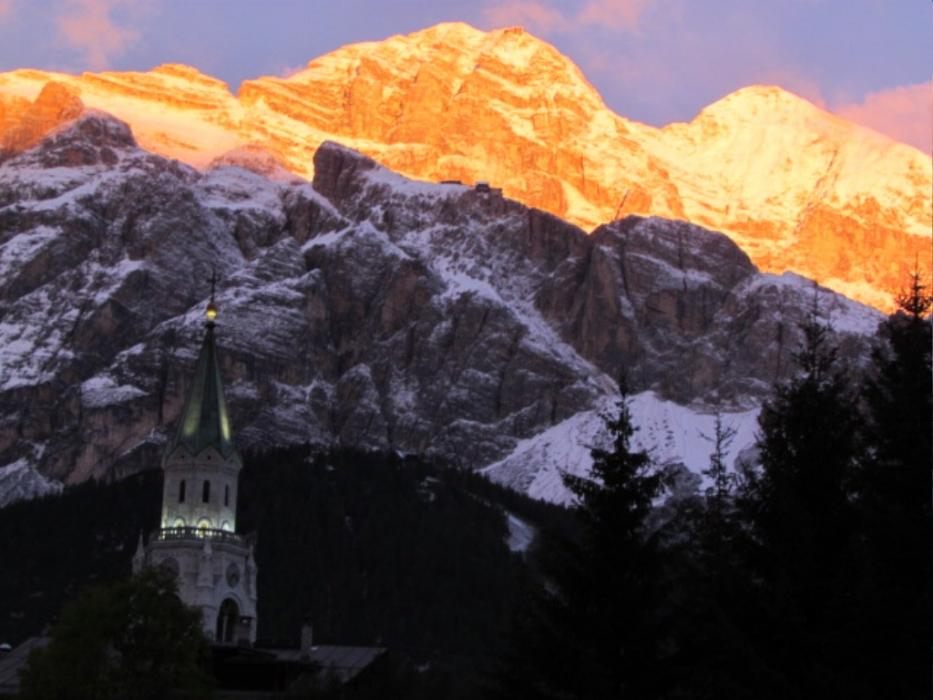 Sunrise on the Dolomite Mountains above Cortina.  Photo by Elaine Quilici