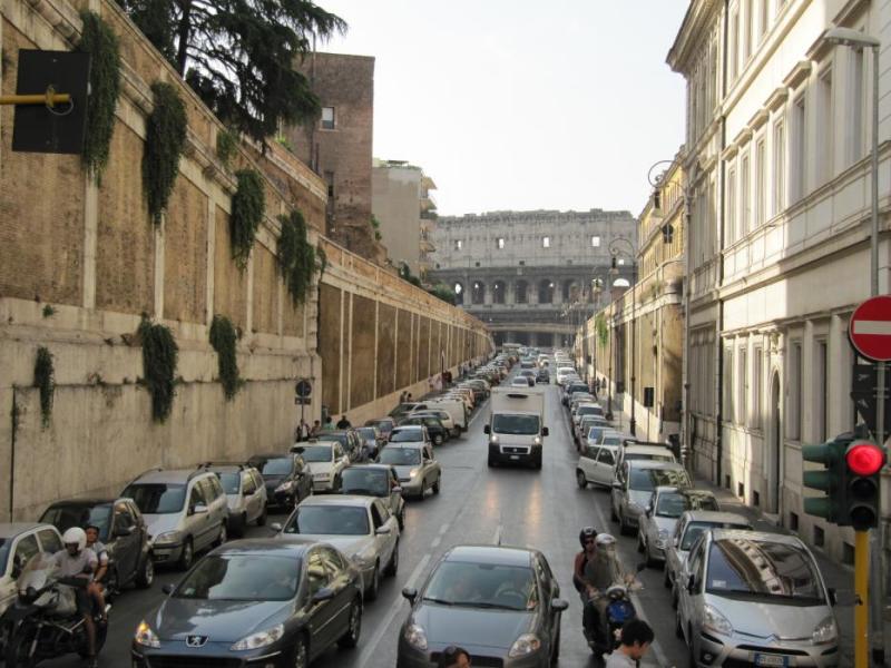 One of the side streets at the Coliseum in Rome, where it is obvious that parking is at a premium.  Photo by Elaine Quilici
