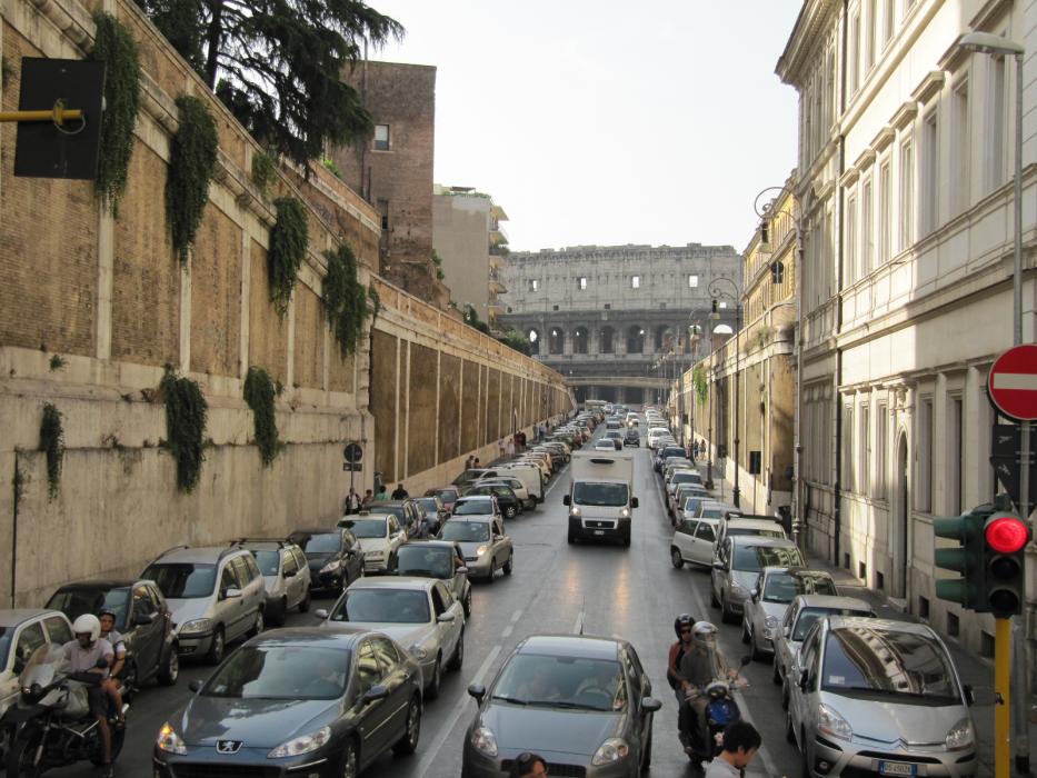 One of the side streets at the Coliseum in Rome, where it is obvious that parking is at a premium.  Photo by Elaine Quilici