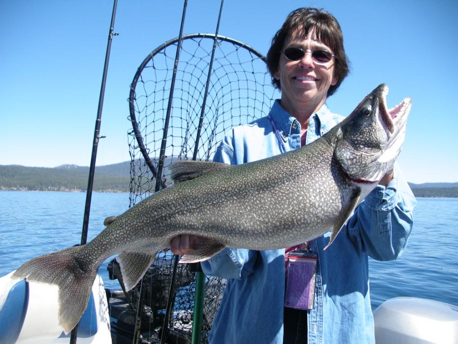Elaine Quilici with her 20-pound, 9-ounce (39.5 inches) Mackinaw Trout caught at Lake Tahoe.