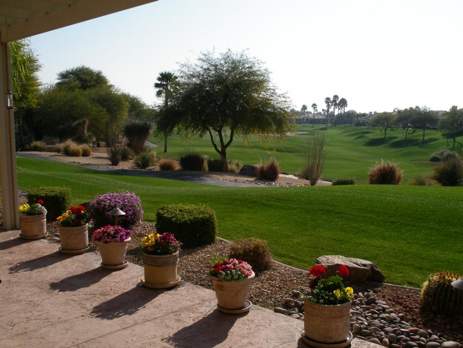 The 16th fairway as seen from the back patio of Bob and Lorraine Scholes’ winter home in Indio.