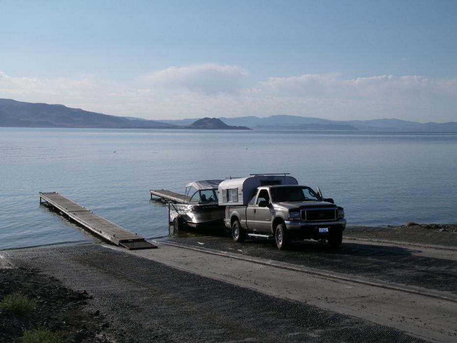 Launching a fishing boat at Pelican Point on the west side of the lake.  Photo by Don Quilici