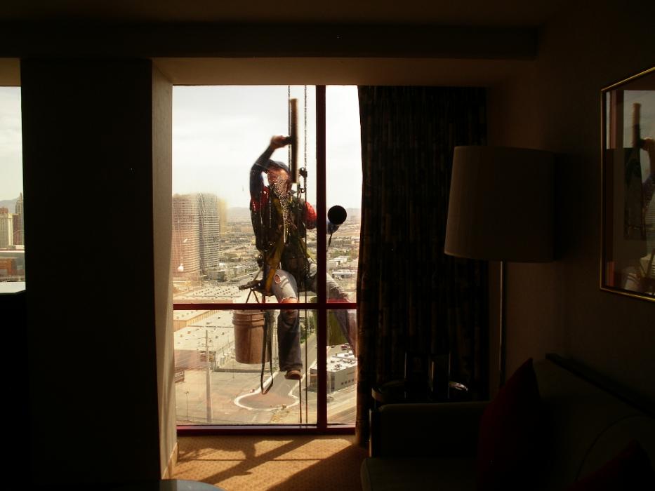 A window washer at the 28th floor of the Rio Hotel Casino.