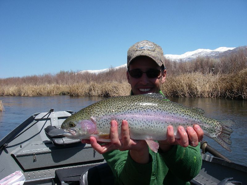 Dr. Victor Srougi of Brazil with a trophy sized rainbow trout caught while fly fishing with the Sierra Drifters Guide Service.