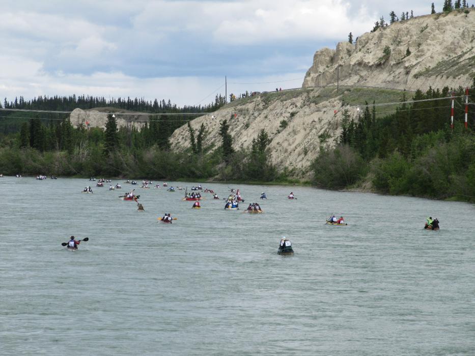 Canoes in the Yukon River Quest Race, leaving Watson Lake for the race’s end at Dawson City.  Photo by Elaine Quilici