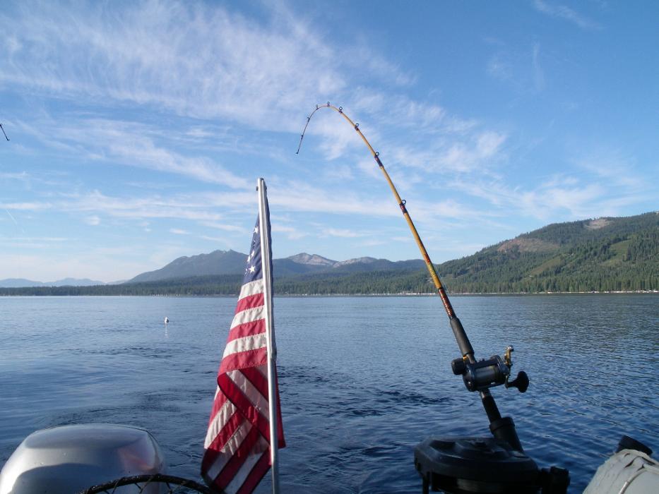Trolling at a depth of 130 feet for Mackinaw (Lake) Trout along the west shoreline. Photo by Don Quilici
