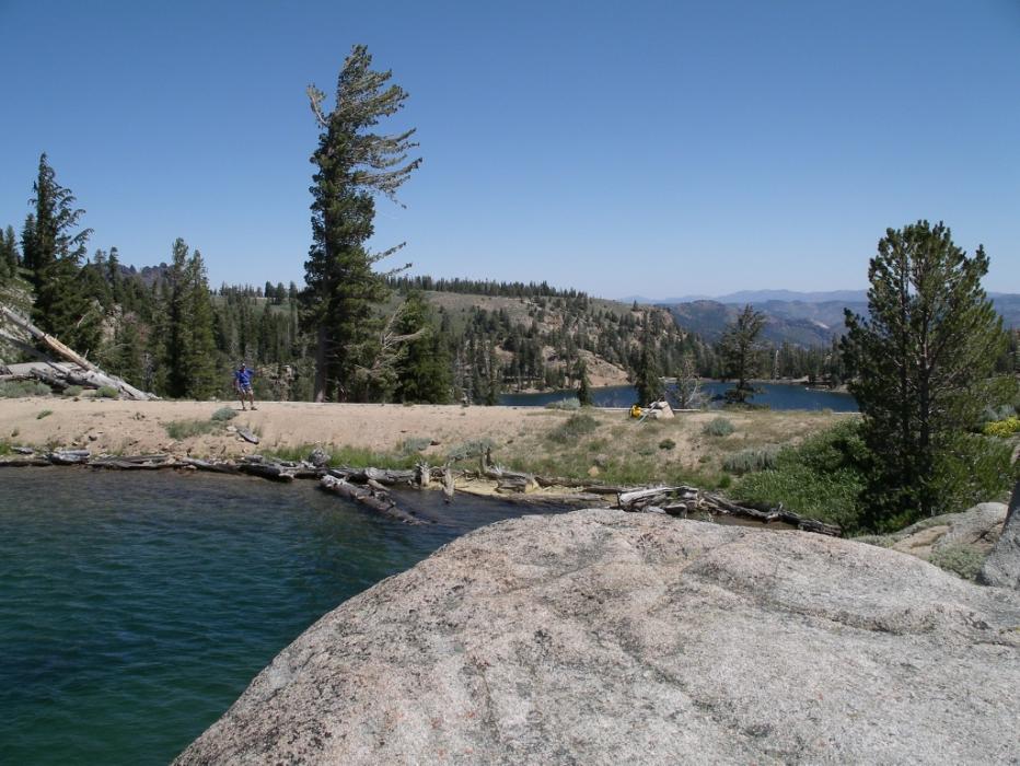 Don Quilici of Carson City on the dam at Upper Kinney Lake with Lower Kinney Lake in the background.  Photo by Elaine Quilici