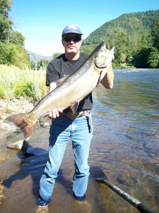 Doug Busey of Douglas County, Nev., with his trophy King Salmon caught last Tuesday in the Rouge River, Oregon.