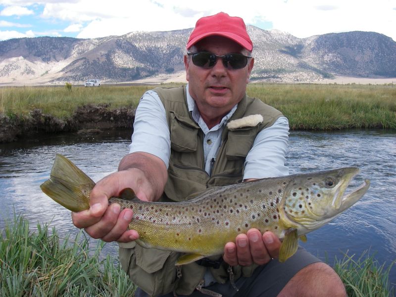 Joe Amplo with his brown trout caught in the Upper Owens River. Photo by Tom Loe, Sierra Drifters Guide Service
