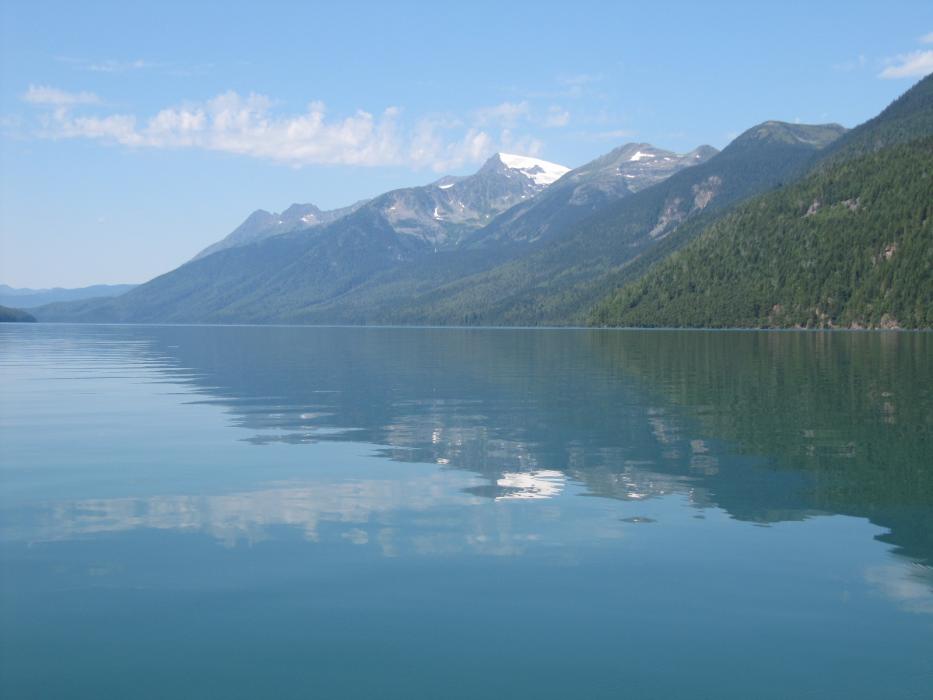 Looking down the length of Mitchell Lake on a hazy day, caused by the smoke from forest fires.  Photo by Don Quilici