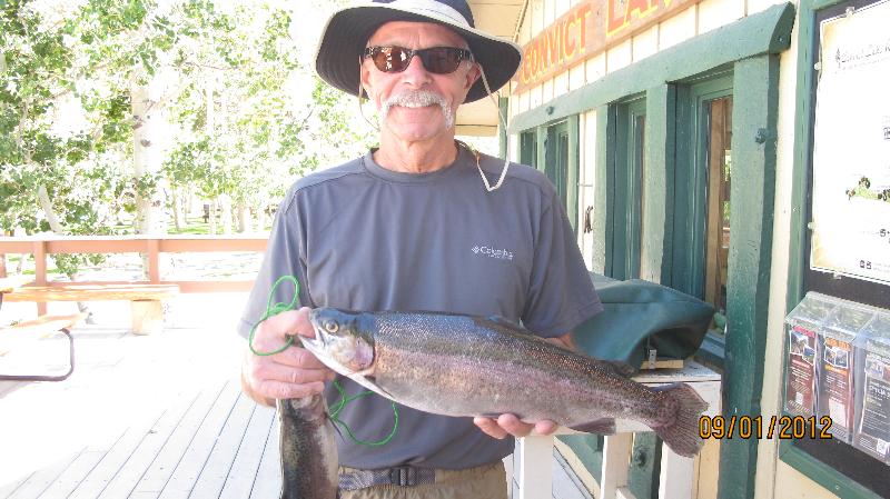 Ron Harpold with a 3 lb 2oz rainbow caught at Convict Lake, Calif. Photo by Convict Lake Resort