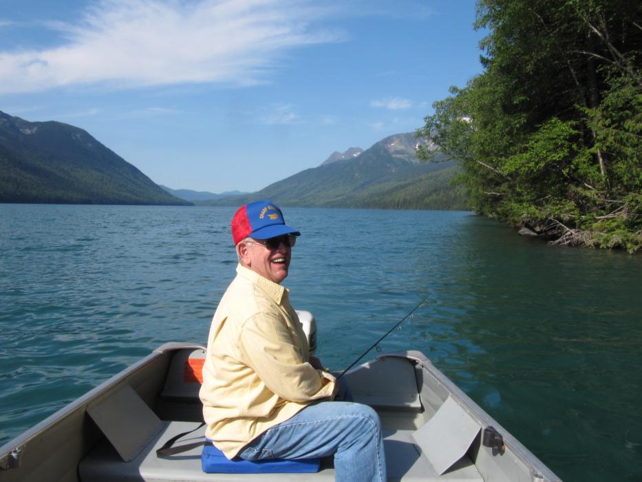 Bob Scholes enjoying catching all the fish while he is trolling closest to the shoreline.  Photo by Don Quilici