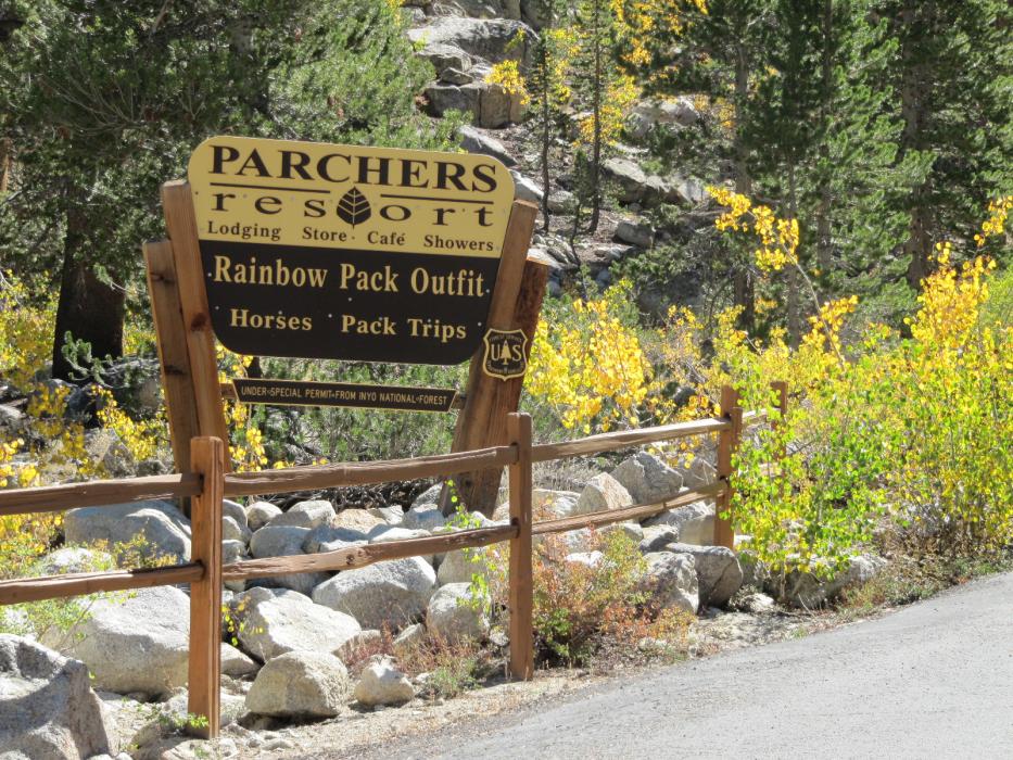 The entrance sign for Parchers Resort which is located west of Bishop on Highway No. 168 to South Lake. Photo by Elaine Quilici