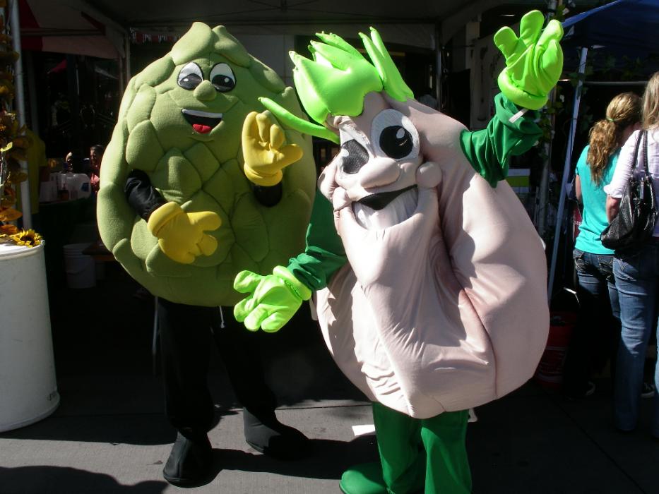 An artichoke and a garlic wave to the photographer.  Photo by Elaine Quilici