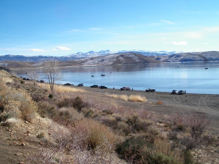 A view of trolling boats and shore fishermen along Topaz's north shore on Opening Day.  Photo by Elaine Quilici