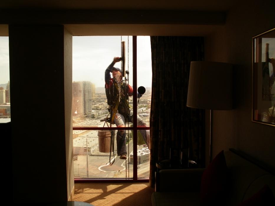 Window washer on the 28th floor of the Rio Hotel.  Photo by Elaine Quilici