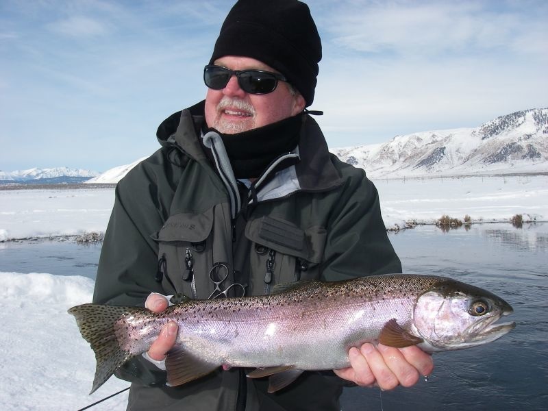 Mike Wilding holds a rainbow caught recently fly fishing on the Upper Owens River. Photo by Tom Loe, Sierra Drifters Fly Fishing