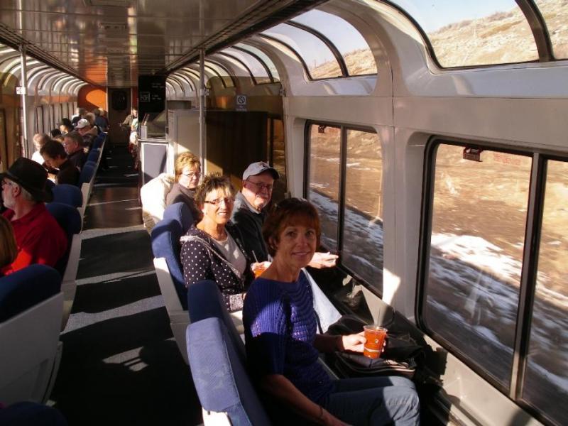 Elaine Quilici in the foreground, Lynda and Bob McCulloch in the AmTrak observation car. Photo by Don Quilici