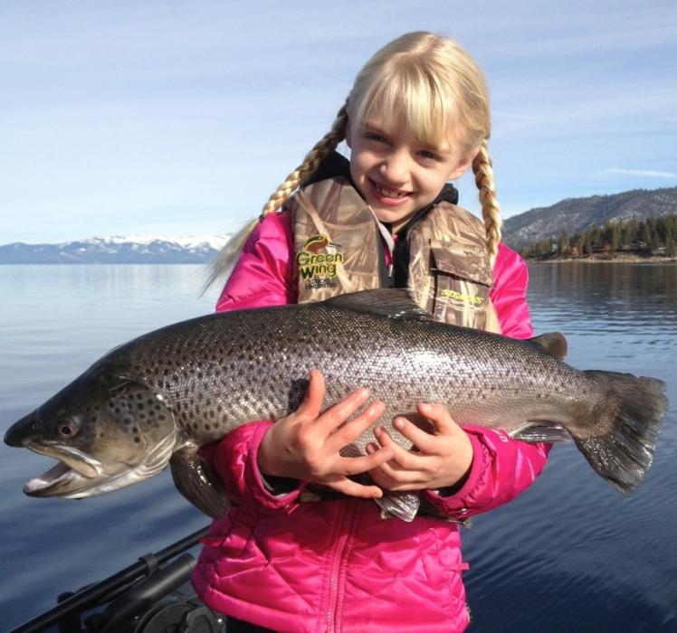 Brooke Kennedy, 7, of Grass Valley with her 10.5 pound Brown Trout caught at Lake Tahoe Jan. 22. Photo courtesy of Tresa Kennedy