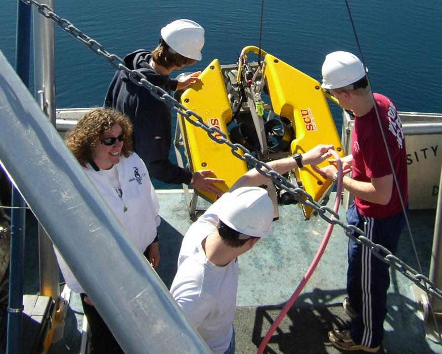 Dr. Kortemeier works with students from Santa Clara University to deploy a remote operated vehicle into Lake Tahoe.