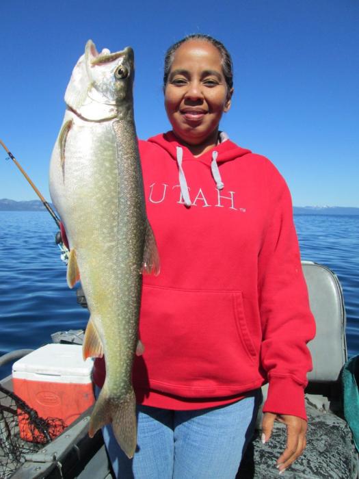 Joanna Velasquez of Phoenix with her first-ever Mackinaw caught at Lake Tahoe. Photo courtesy of Gene St. Denis
