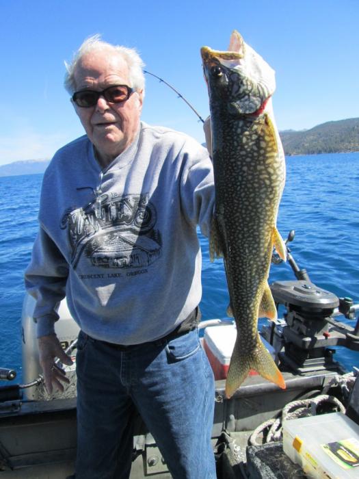 Grandpa Bud Covert of Minden with a Mackinaw Trout caught at Lake Tahoe. Photo courtesy of Gene St. Denis
