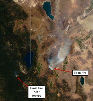 Courtesy of National Weather Service. Bison Fire from satellite today and a fire burning in El Dorado County.