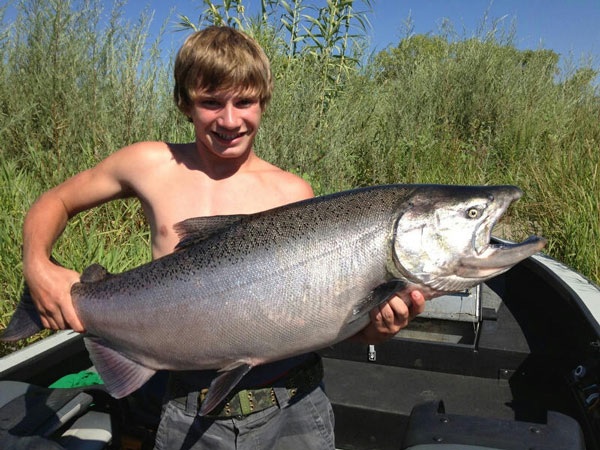 A young fisherman with his King Salmon caught in the Sacramento River.  Photo courtesy of Kirk Portocarrero