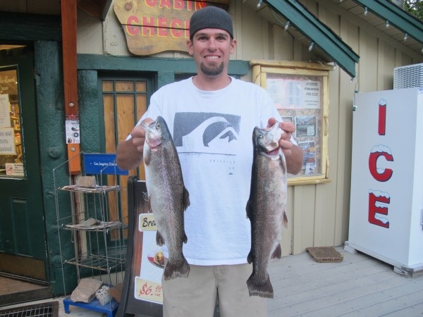 Josh Cotcamp of Nuevo, California with his 3 pound 10 ounce and 2 pound 12 ounce rainbow.