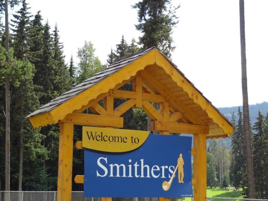 The welcome sign at the edge of Smithers, British Columbia.  Photo by Elaine Quilici