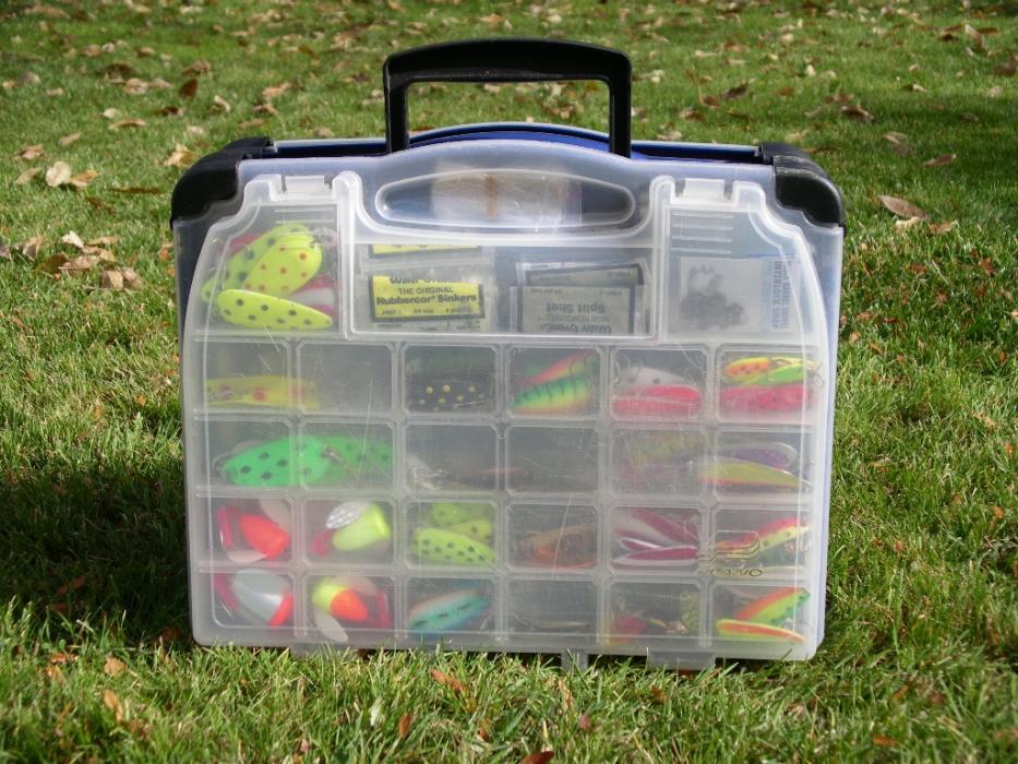 The multi-compartment, clear plastic, tackle box that belongs to Don Quilici of Carson City.  Photo by Elaine Quilici
