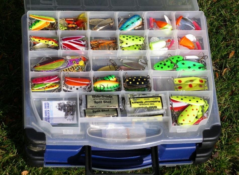 One of the compartments filled with lures used for spincasting.  Photo by Elaine Quilici
