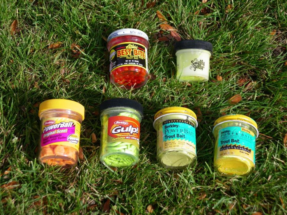 Jars of Salmon eggs, Smelly Jelly, Power Bait and Gulp. Photo by Elaine Quilici