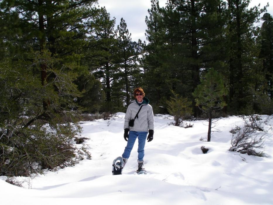 Elaine Quilici on her snowshoes. Photo by Don Quilici