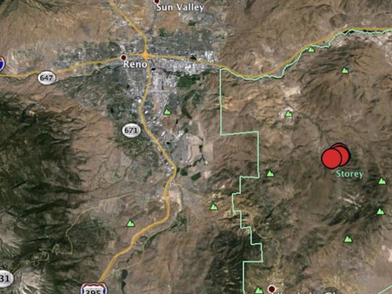 This Nevada Seismological Laboratory image shows the location of the ongoing swarm of earthquakes in Storey County.