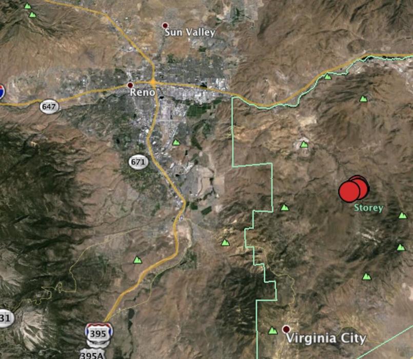 This Nevada Seismological Laboratory image shows the location of the ongoing swarm of earthquakes in Storey County.