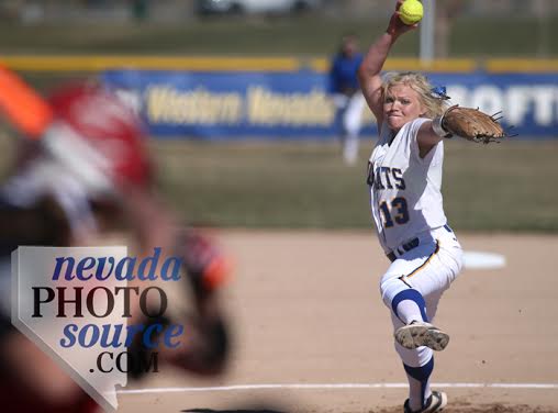 Western Nevada College's Carlee Beck pitches against Colorado Northwestern Community College Friday. Photo by Cathleen Allison