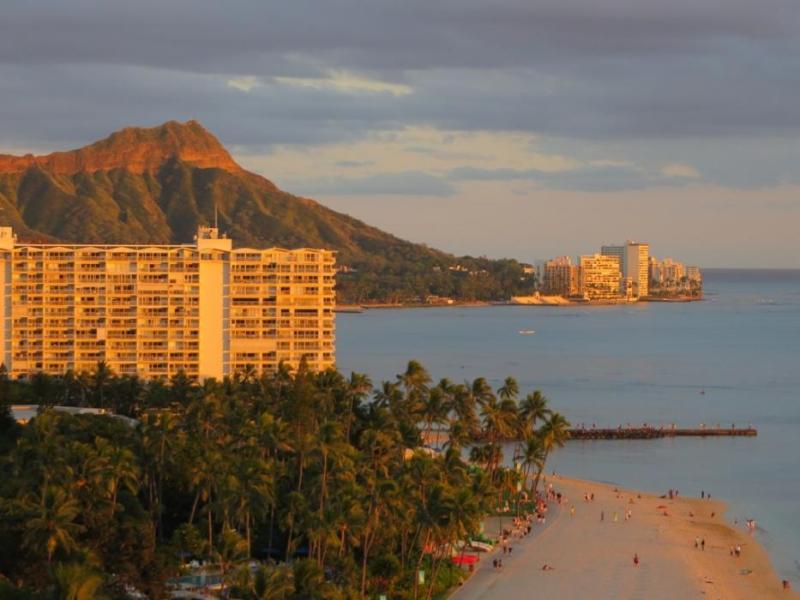 Waikiki Beach and Diamondhead at sunset. Photo by Elaine Quilici