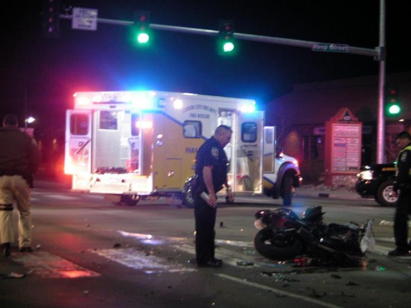 The crash happened at 10:42 Saturday night in Carson City critically injuring two on a motorcycle.