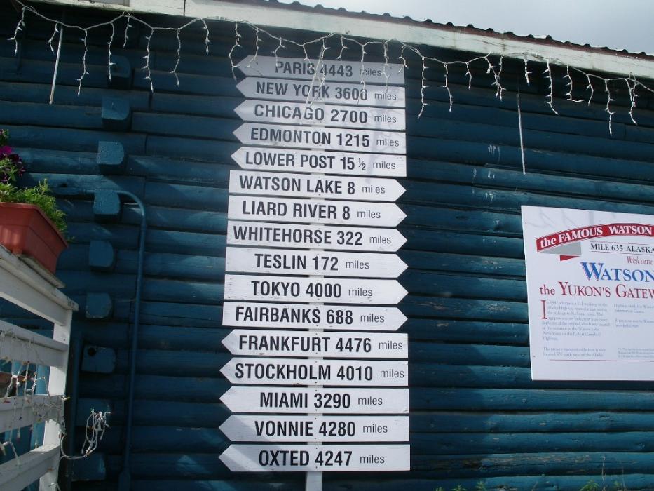 Distances from Watson Lake to various locations.  Photo by Elaine Quilici