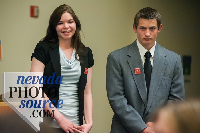 CHS students Kayla Payette and Thomas Gall field questions.