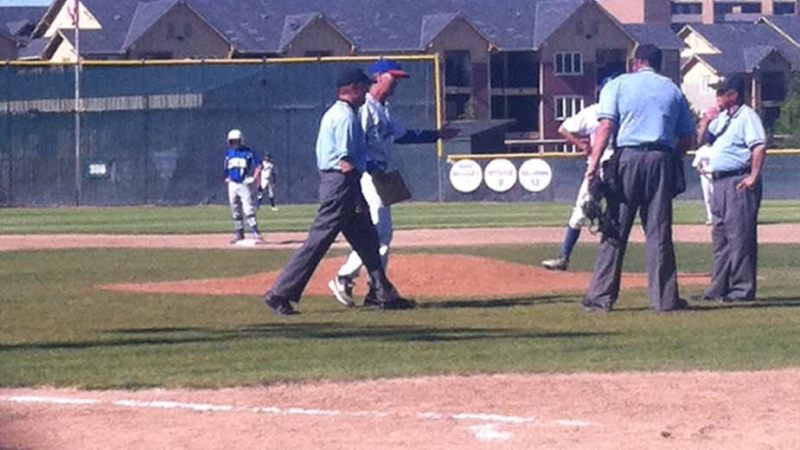 Pete Savage questioning the ruling of a called balk at the game.